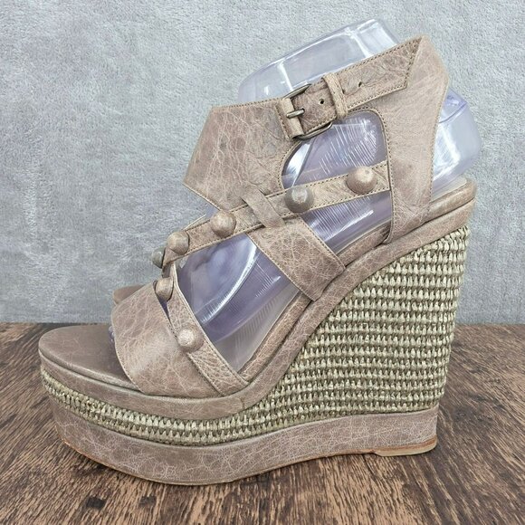 Balenciaga Arena Espadrille Wedges Sandals 10 Taupe Grey Studded Leather Raffia - Picture 9 of 16